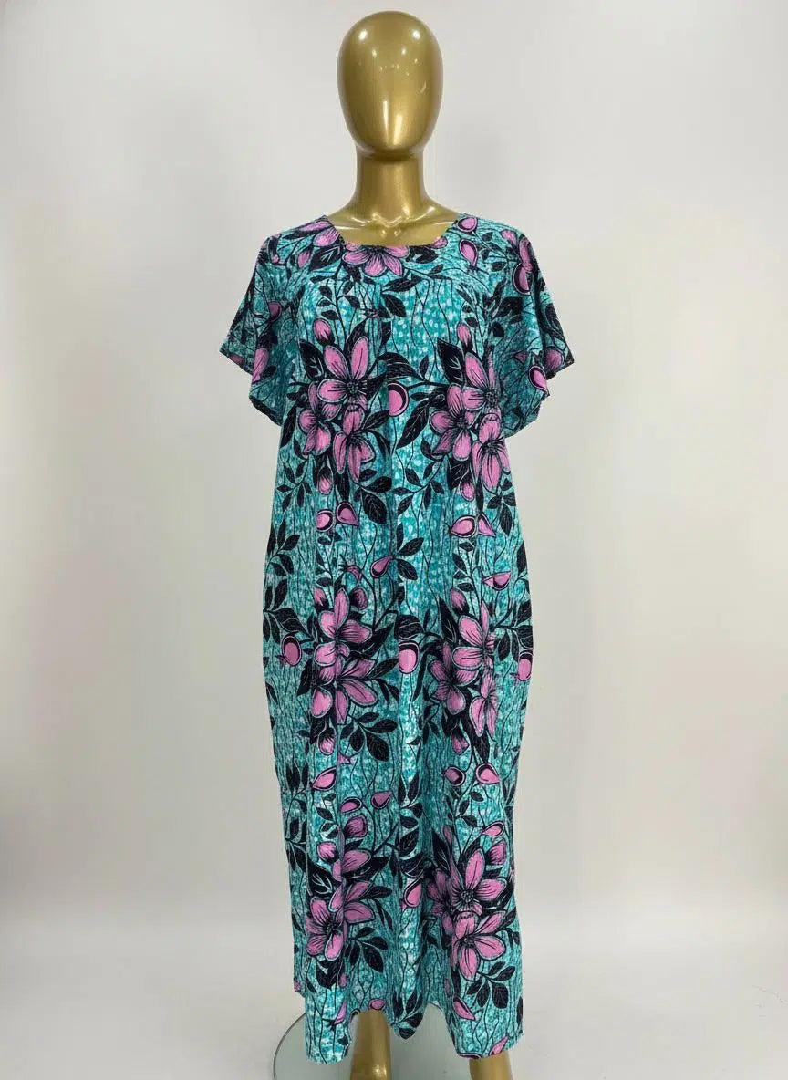 Robe wax maxi turquoise avec foulard