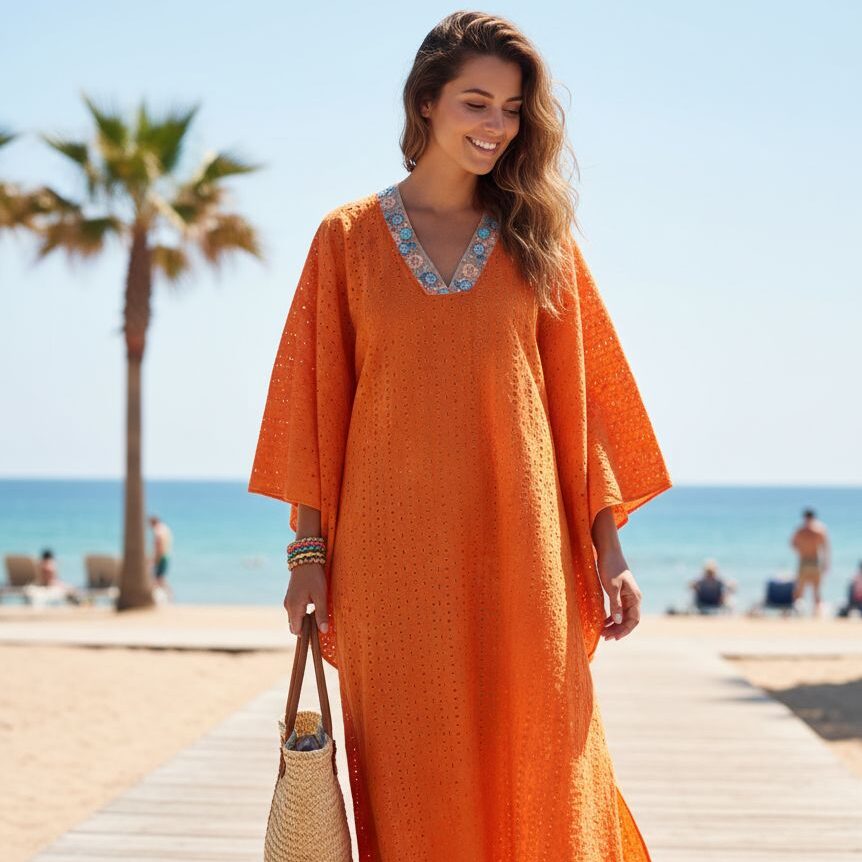 Robe orange femme longue chic en coton légère idéale pour lété
