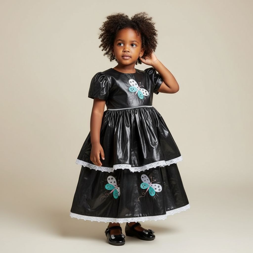Robe papillon fille 3 ans noire élégante double volant broderie chic