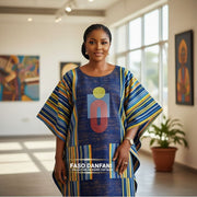 Robe patchwork femme en pagne tissé Faso Danfani brodée, ample et élégante