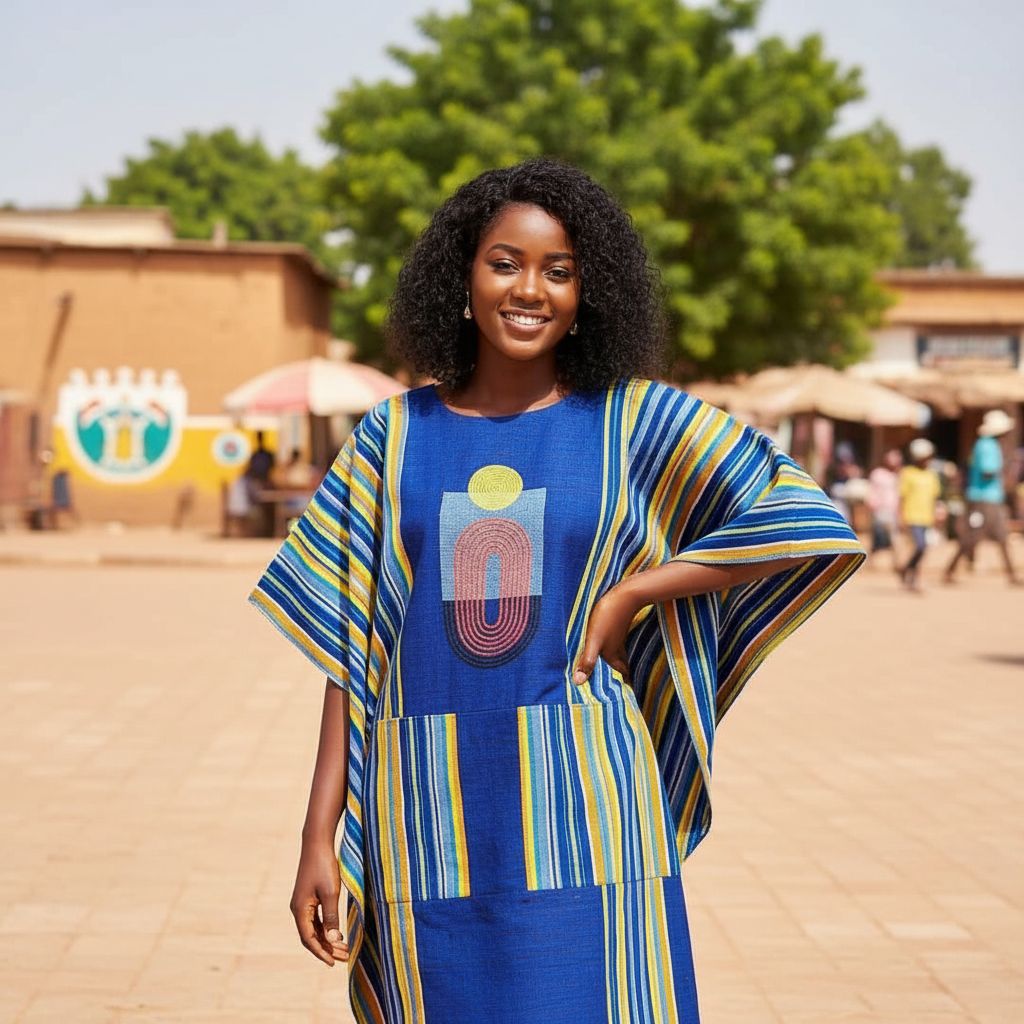 Robe patchwork femme en pagne tissé Faso Danfani brodée, ample et élégante