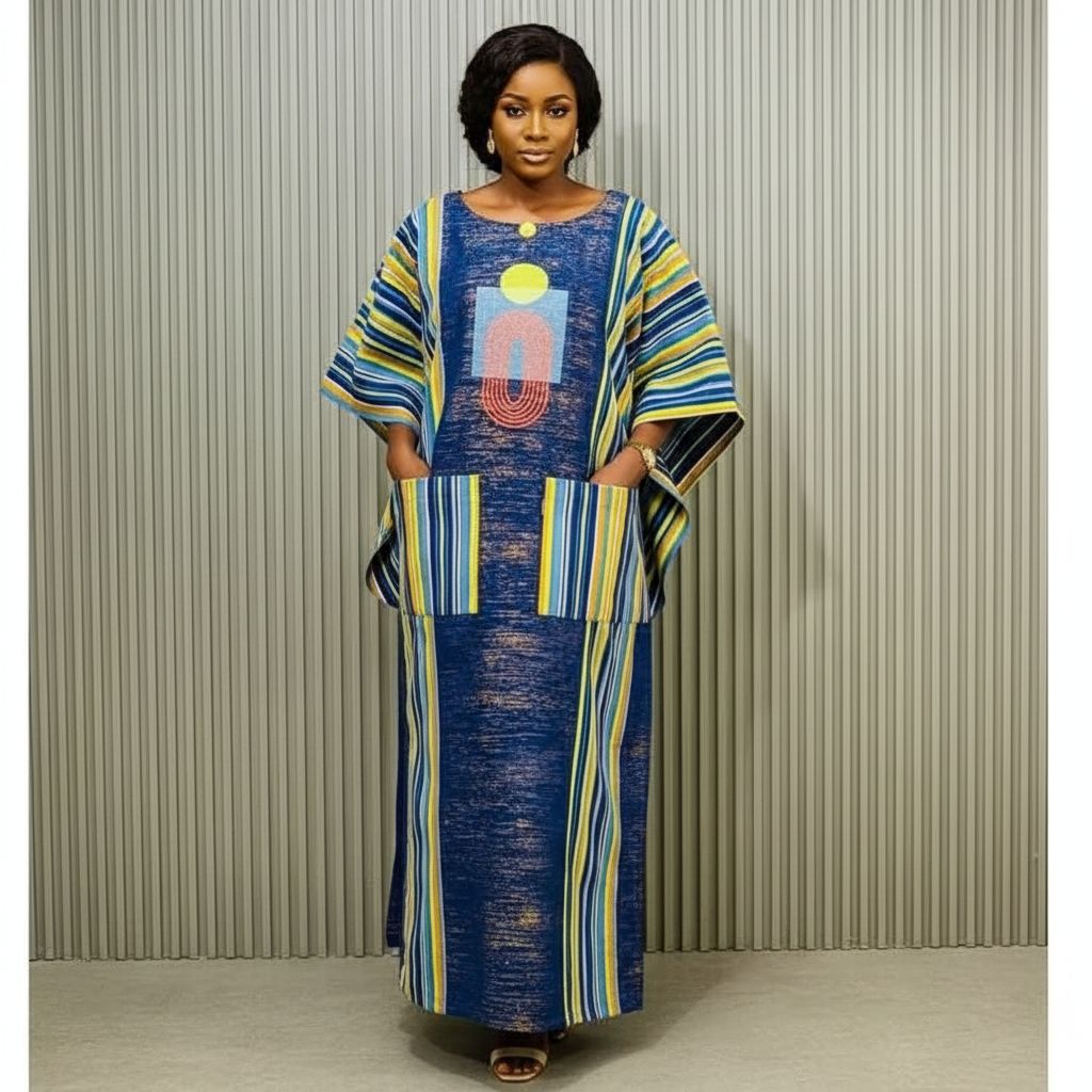 Robe patchwork femme en pagne tissé Faso Danfani brodée, ample et élégante