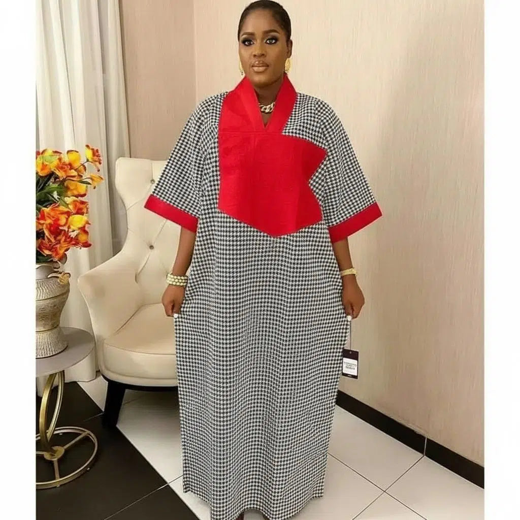 Robe pied de poule femme patchwork rouge noir blanc