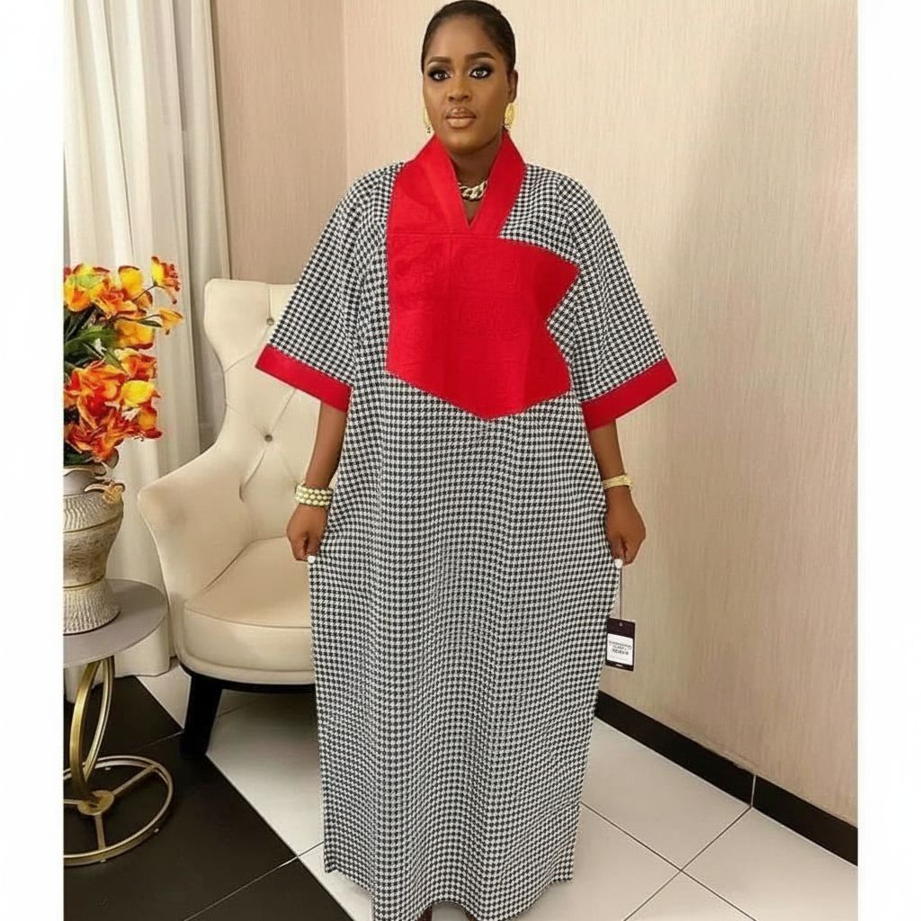 Robe pied de poule femme patchwork rouge noir blanc