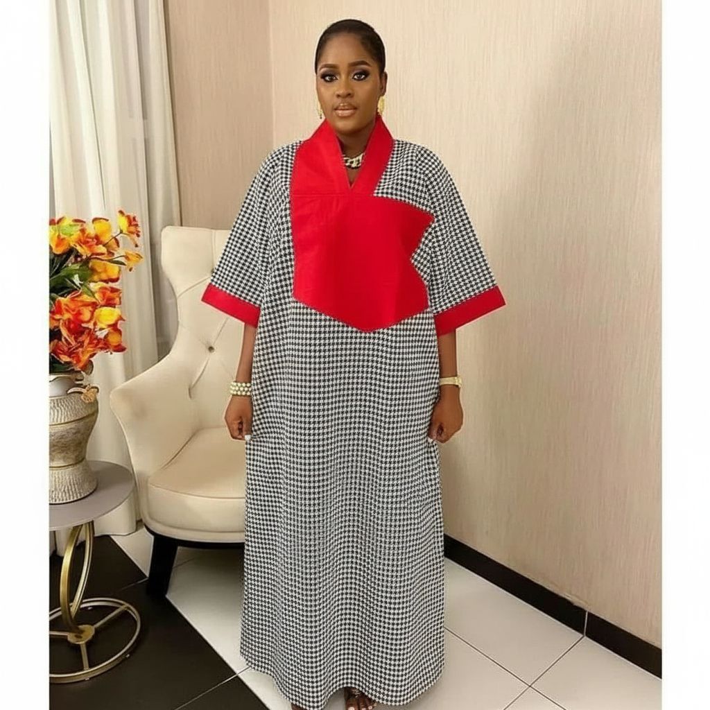 Robe pied de poule femme patchwork rouge noir blanc