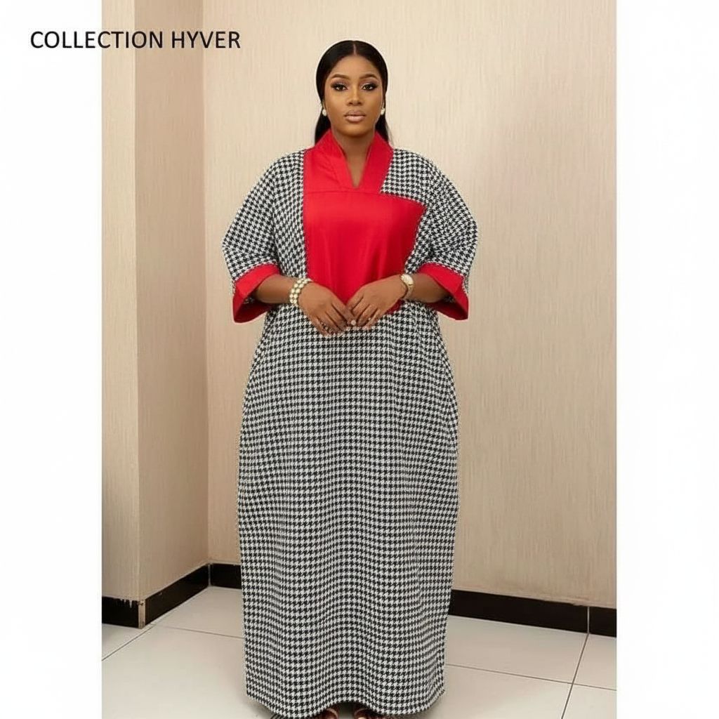 Robe pied de poule femme patchwork rouge noir blanc