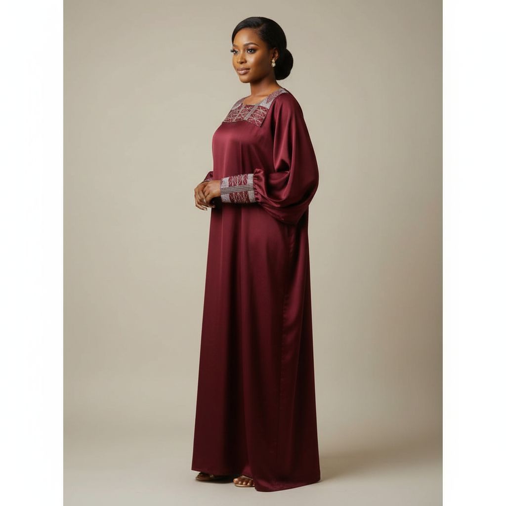 Robe soie Guerlain rouge bordeau élégante avec pagne tissé, soirée ou mariage