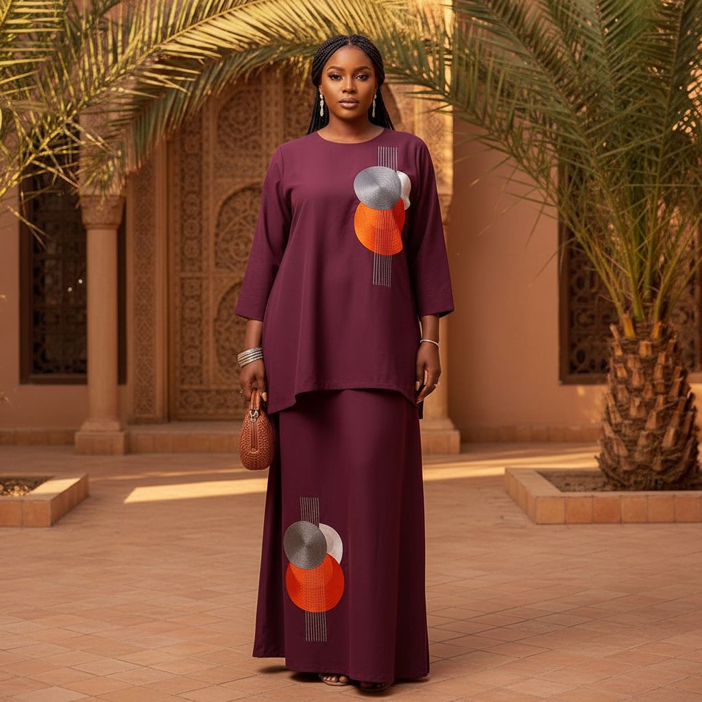 Robe tunique femme bordeaux et jupe brodée, ensemble élégant cérémonie