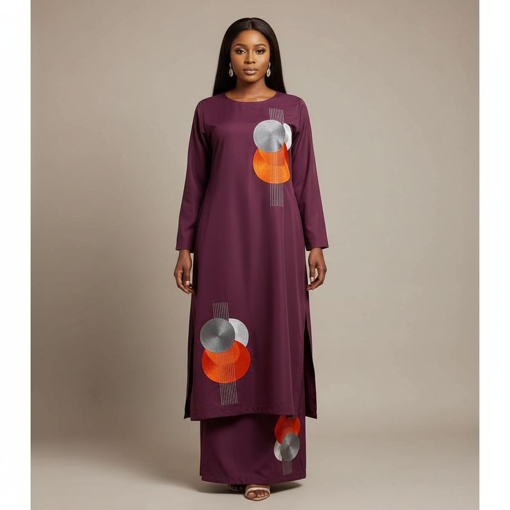 Robe tunique femme bordeaux et jupe brodée, ensemble élégant cérémonie