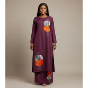 Robe tunique femme bordeaux et jupe brodée, ensemble élégant cérémonie