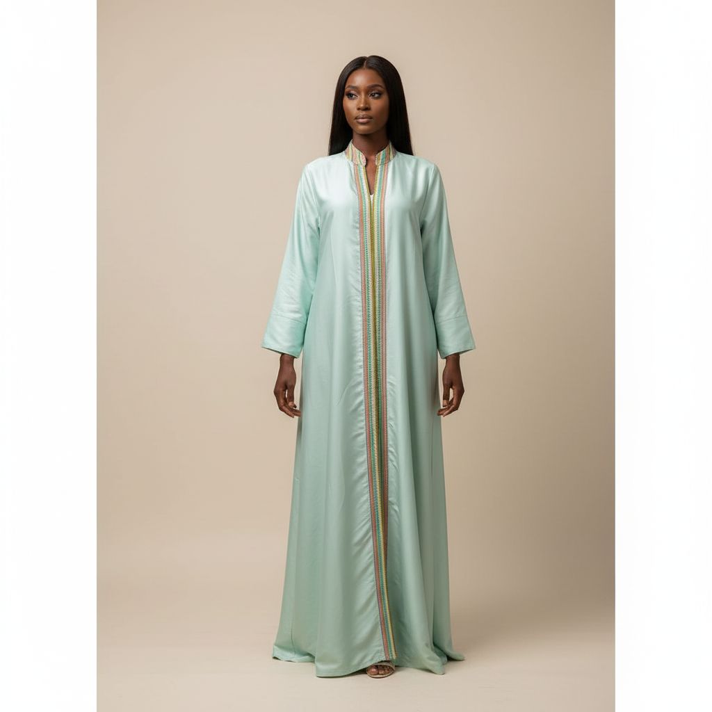Robe verte femme longue brodée, élégante cérémonie ou bureau, col montant