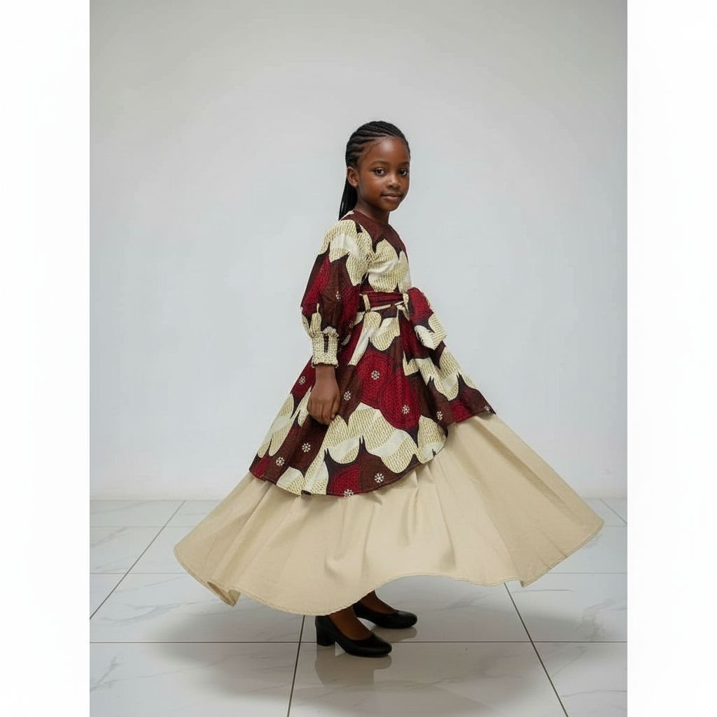 Robe wax longue enfant beige et marron en coton