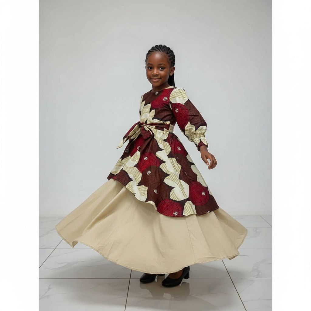 Robe wax longue enfant beige et marron en coton