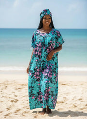 Robe wax maxi turquoise avec foulard