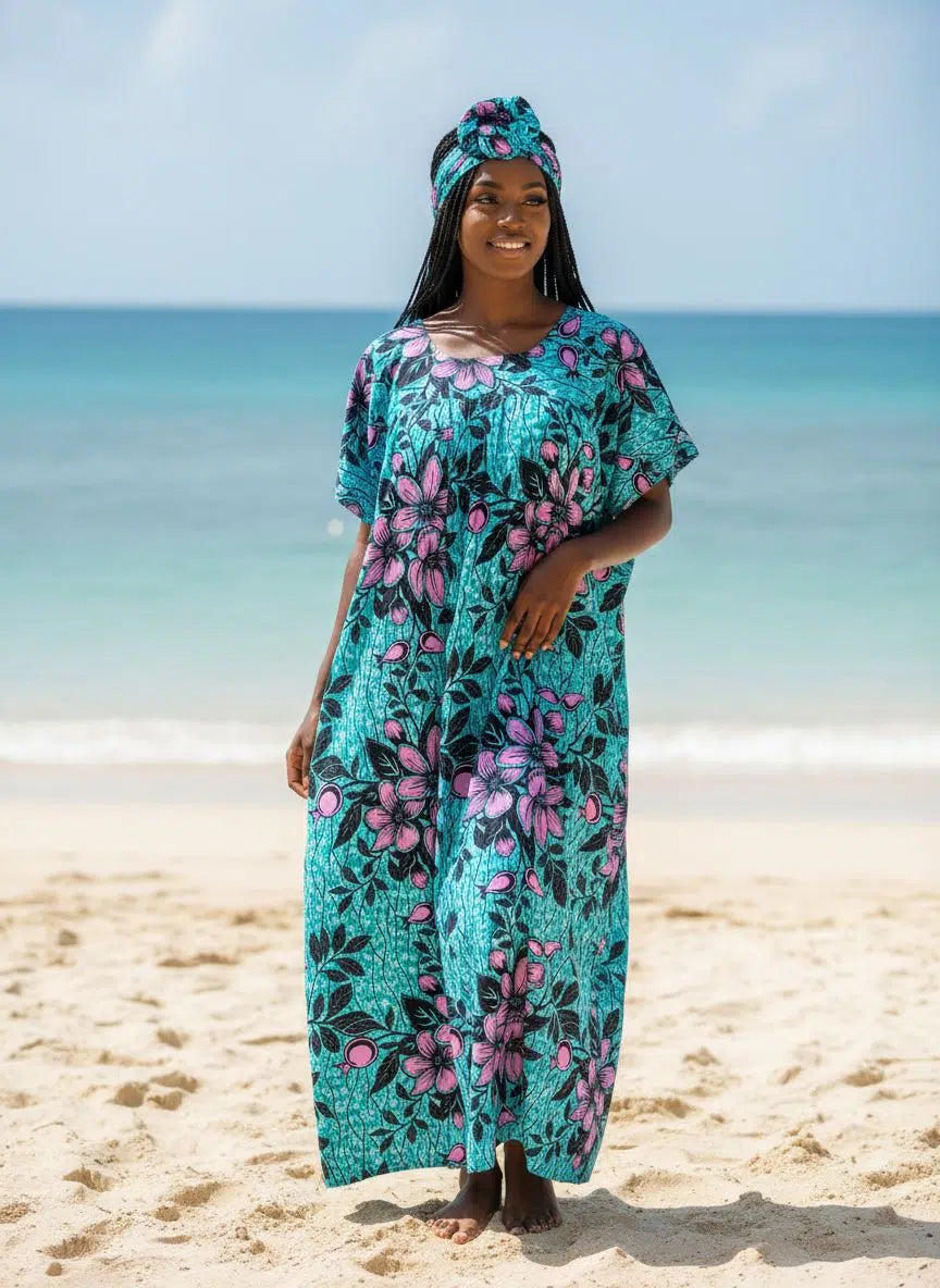 Robe wax maxi turquoise avec foulard