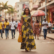 Robe wax femme longue jaune et noire avec ceinture