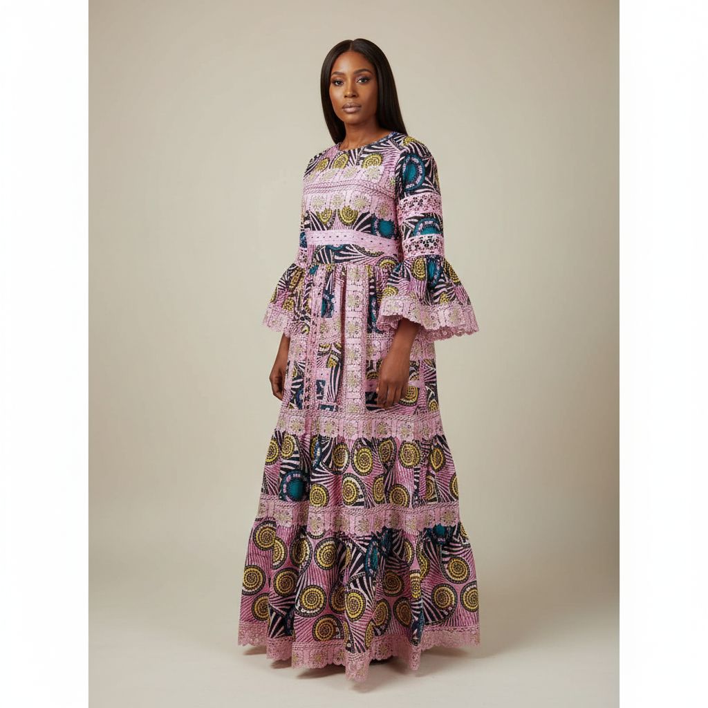 Robe wax femme longue ethnique chic avec dentelle, cérémonie ou soirée