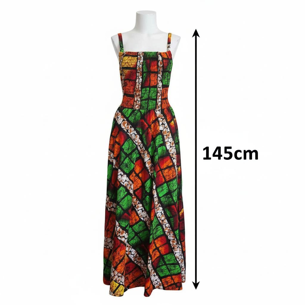 Robe wax femme longue évasée à bretelles (Taille XXL)