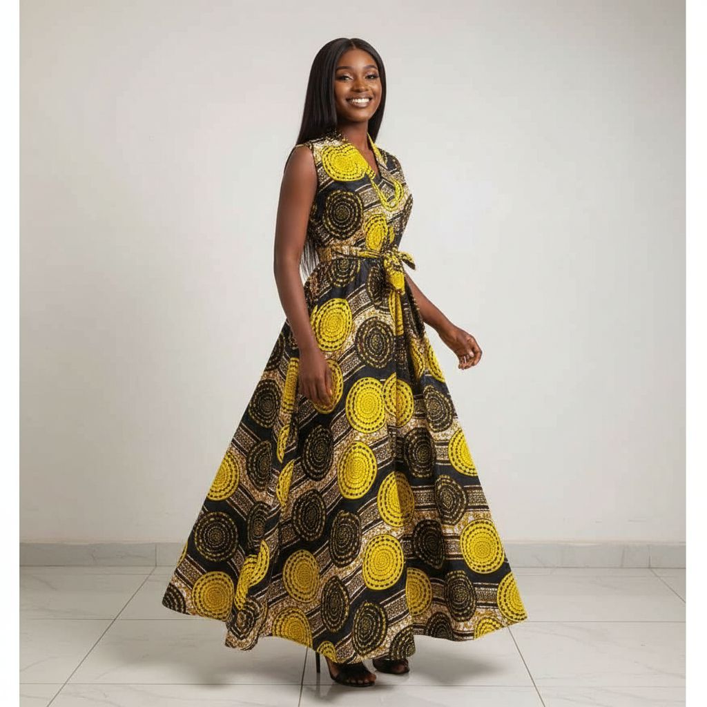 Robe wax femme longue jaune et noire avec ceinture