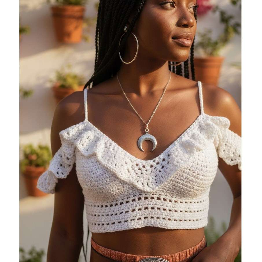 Crop top crochet femme blanc fait main – Top bohème chic d’été