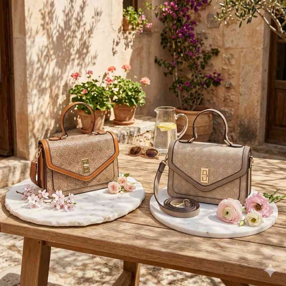Sac à main femme cuir synthétique élégant, carré structuré, marron et doré