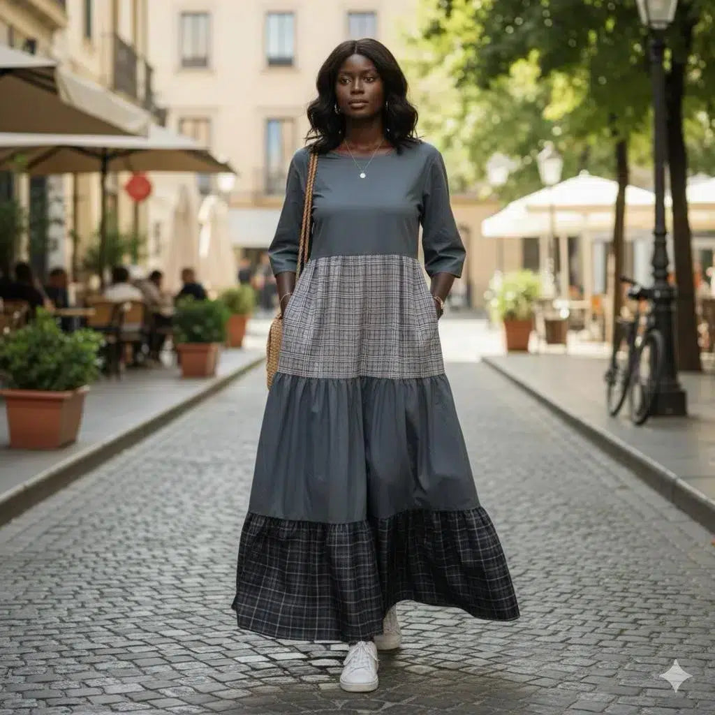 Robe maxi coton femme patchwork gris, ample chic à carreaux avec poches