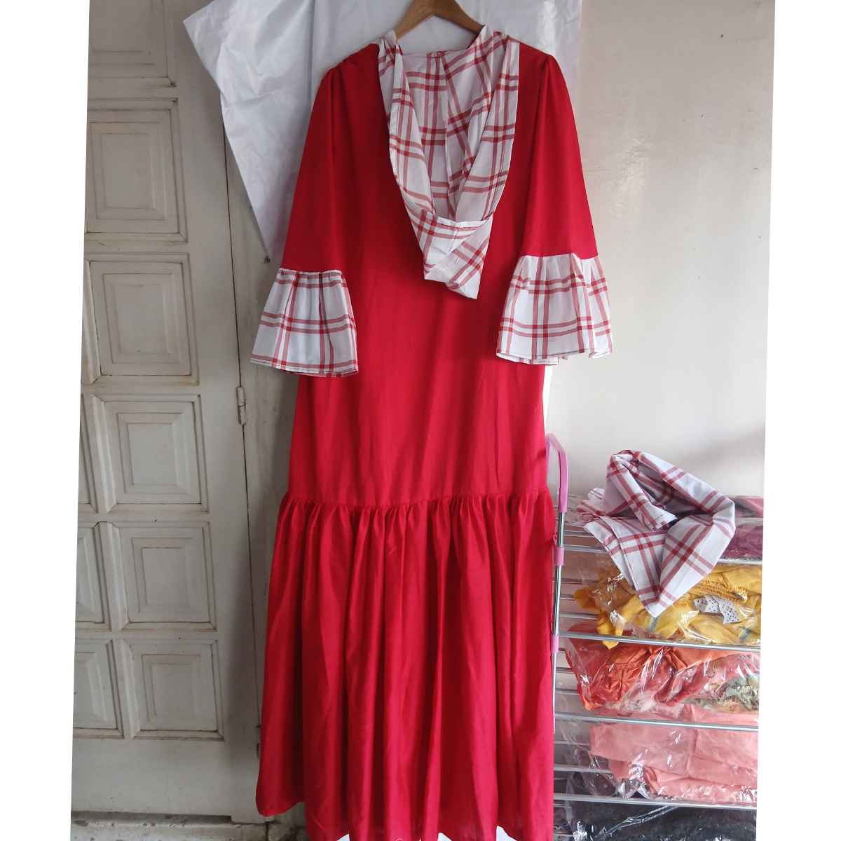 Robe femme coton rouge blanc longue chic décontractée manches 3/4