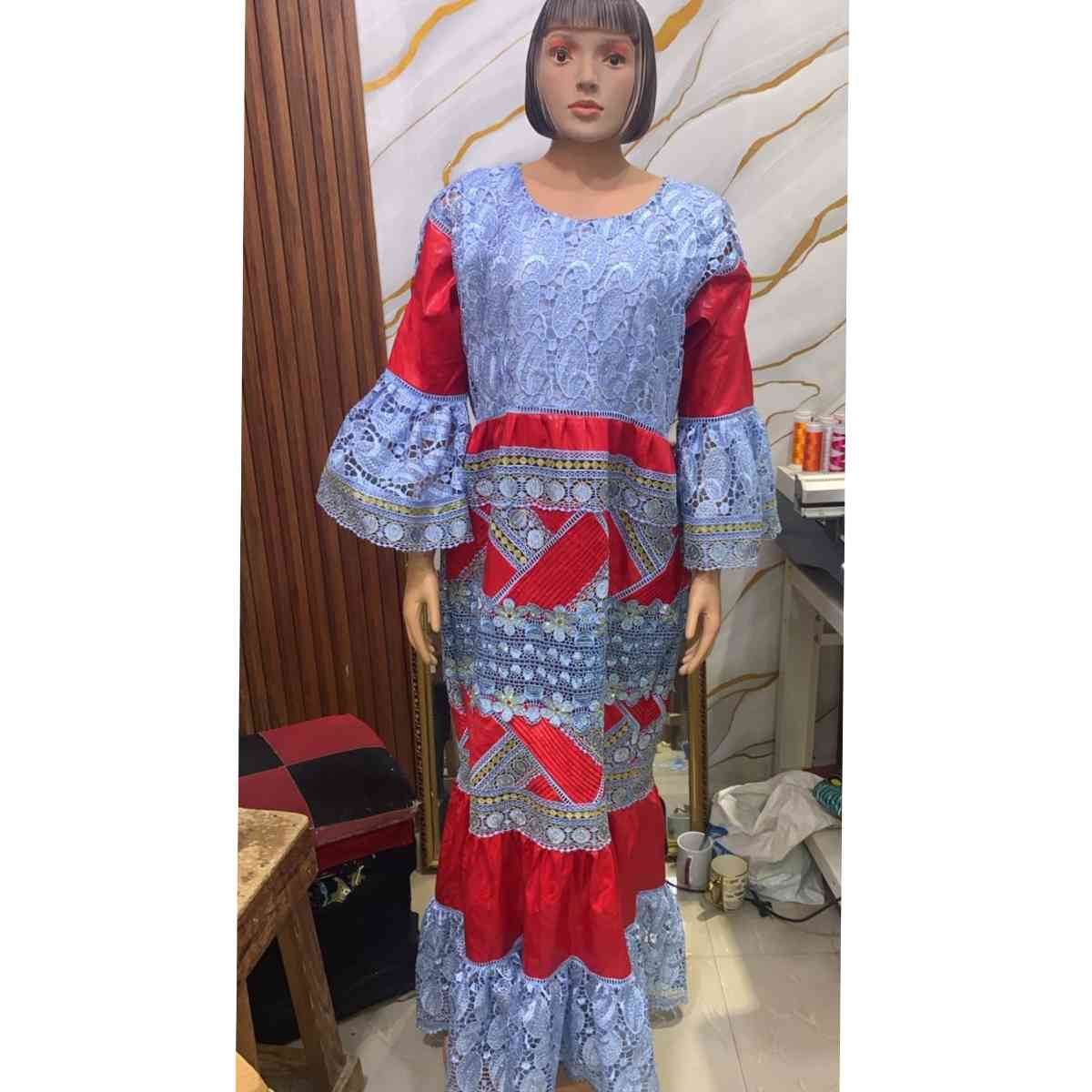 Robe bazin guipure dentelle rouge bleu