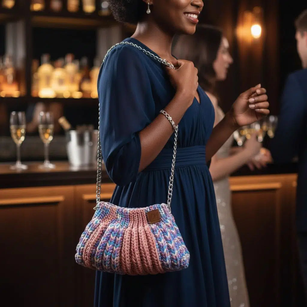 Sac crochet femme bohème chic pastel avec chaîne argentée