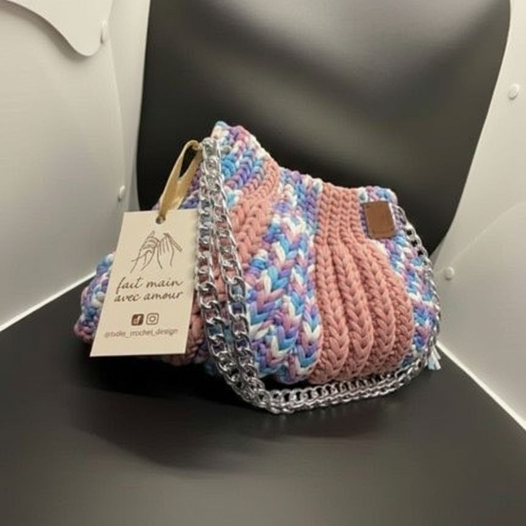 Sac crochet femme bohème chic pastel avec chaîne argentée