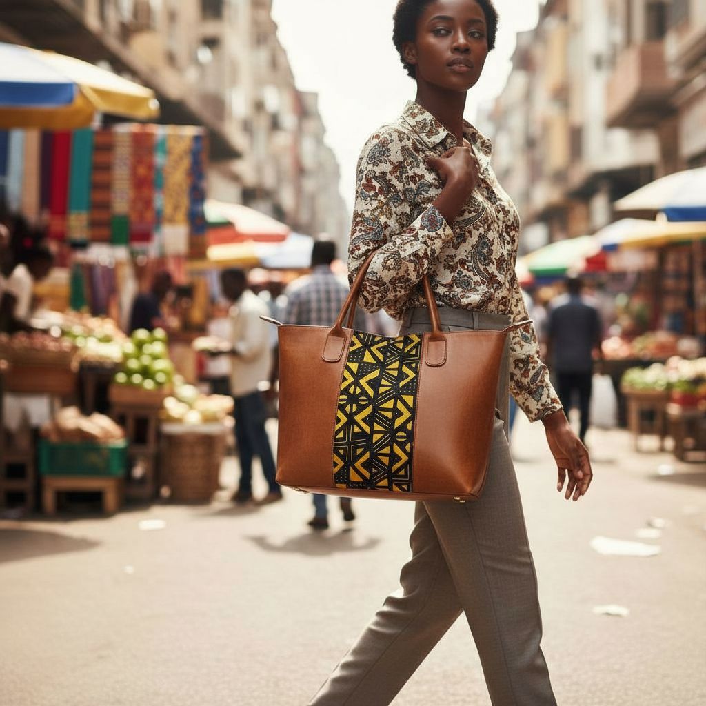 Sac cabas en cuir femme avec motif géométrique wax