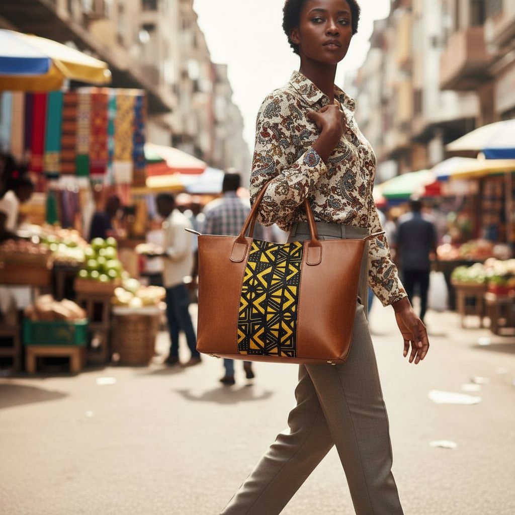 Sac cabas en cuir femme avec motif géométrique wax