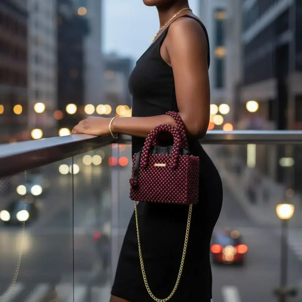 Sac à main bordeaux en perle femme avec bandoulière