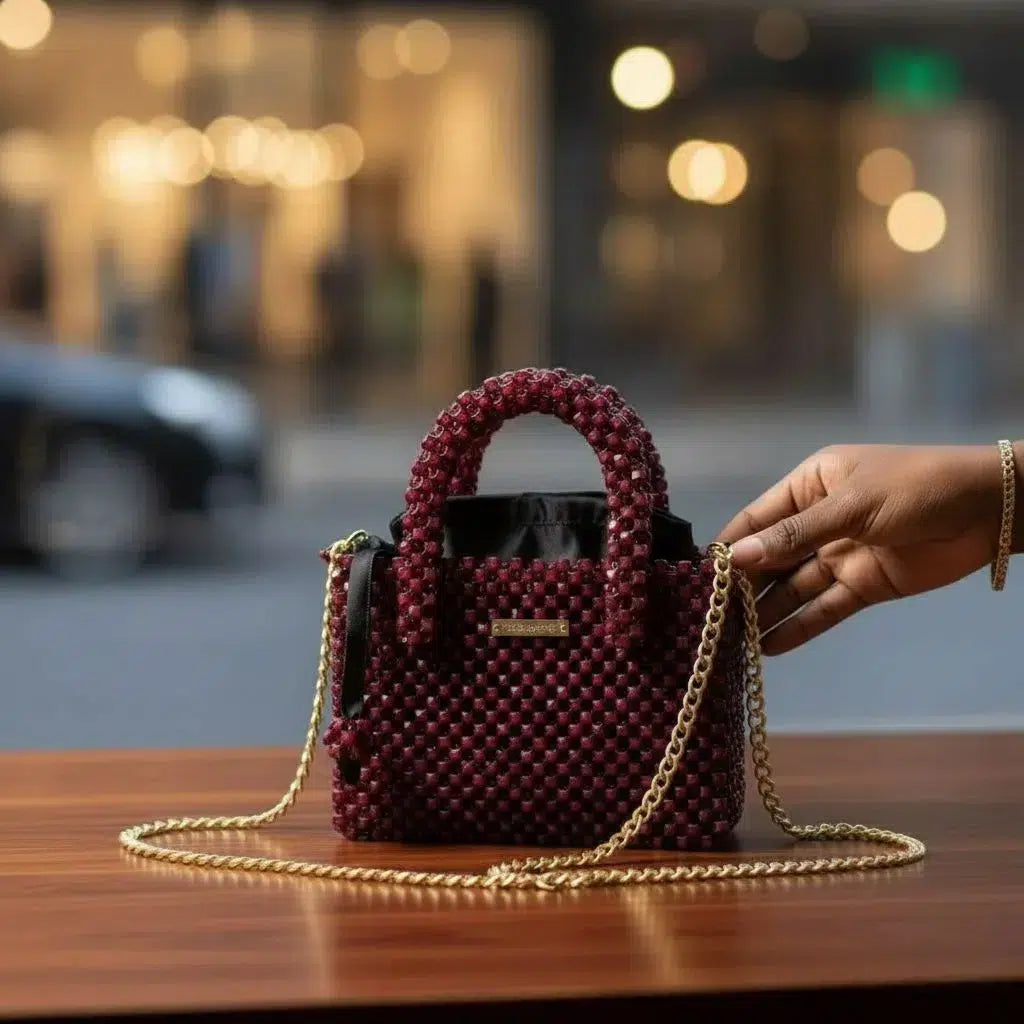 Sac à main bordeaux en perle femme avec bandoulière
