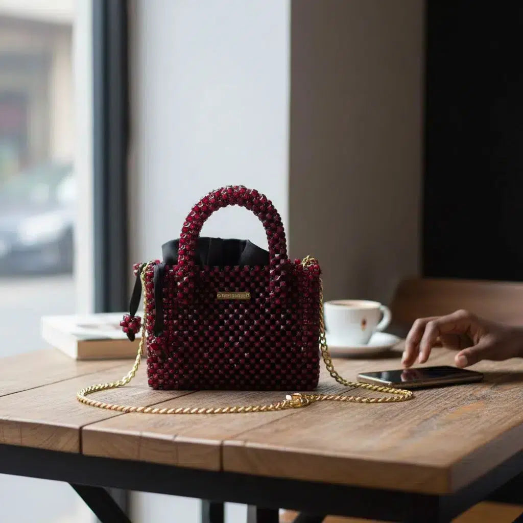 Sac à main bordeaux en perle femme avec bandoulière