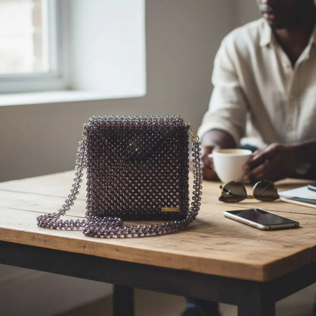 Sac à main vintage en perles noir transparent