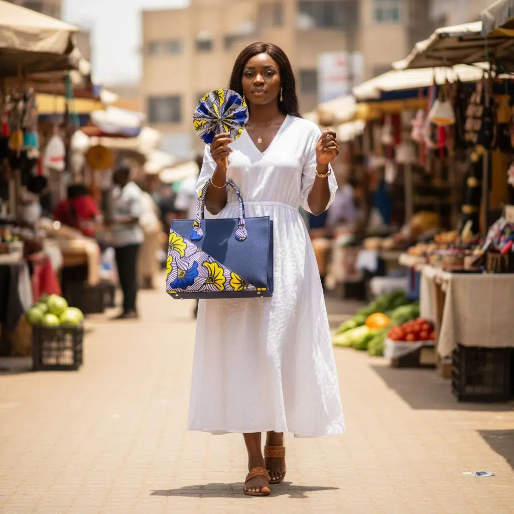 Sac en wax africain bleu et jaune avec éventail assorti motifs floraux