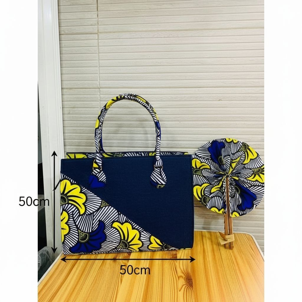 Sac en wax africain bleu et jaune avec éventail assorti motifs floraux