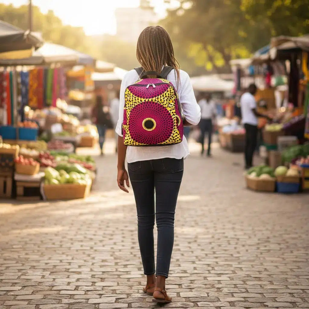 Sac wax africain bleu et jaune, sac à dos artisanal motif ethnique femme