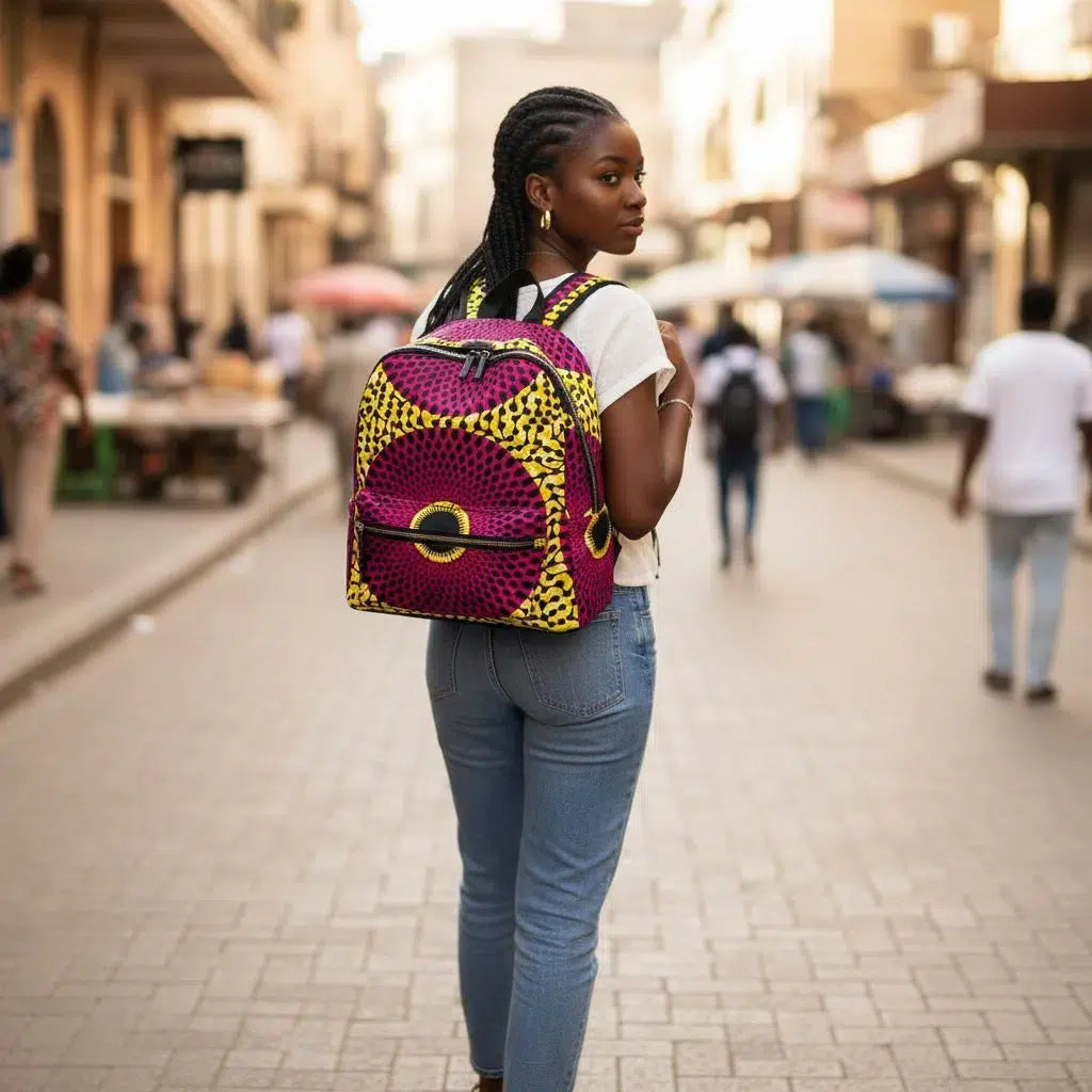Sac wax africain bleu et jaune, sac à dos artisanal motif ethnique femme
