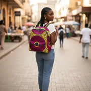 Sac wax africain bleu et jaune, sac à dos artisanal motif ethnique femme