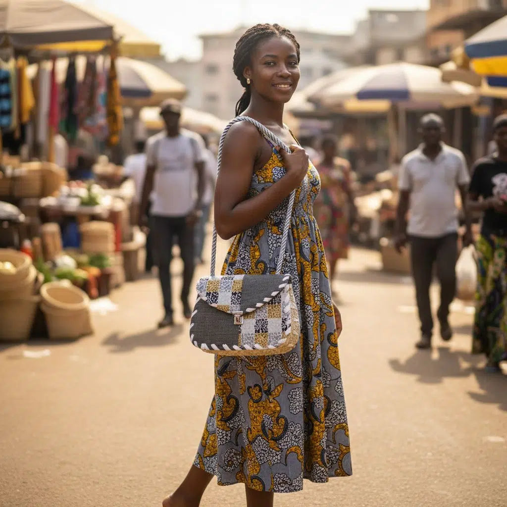 Sacoche en wax et raphia grise