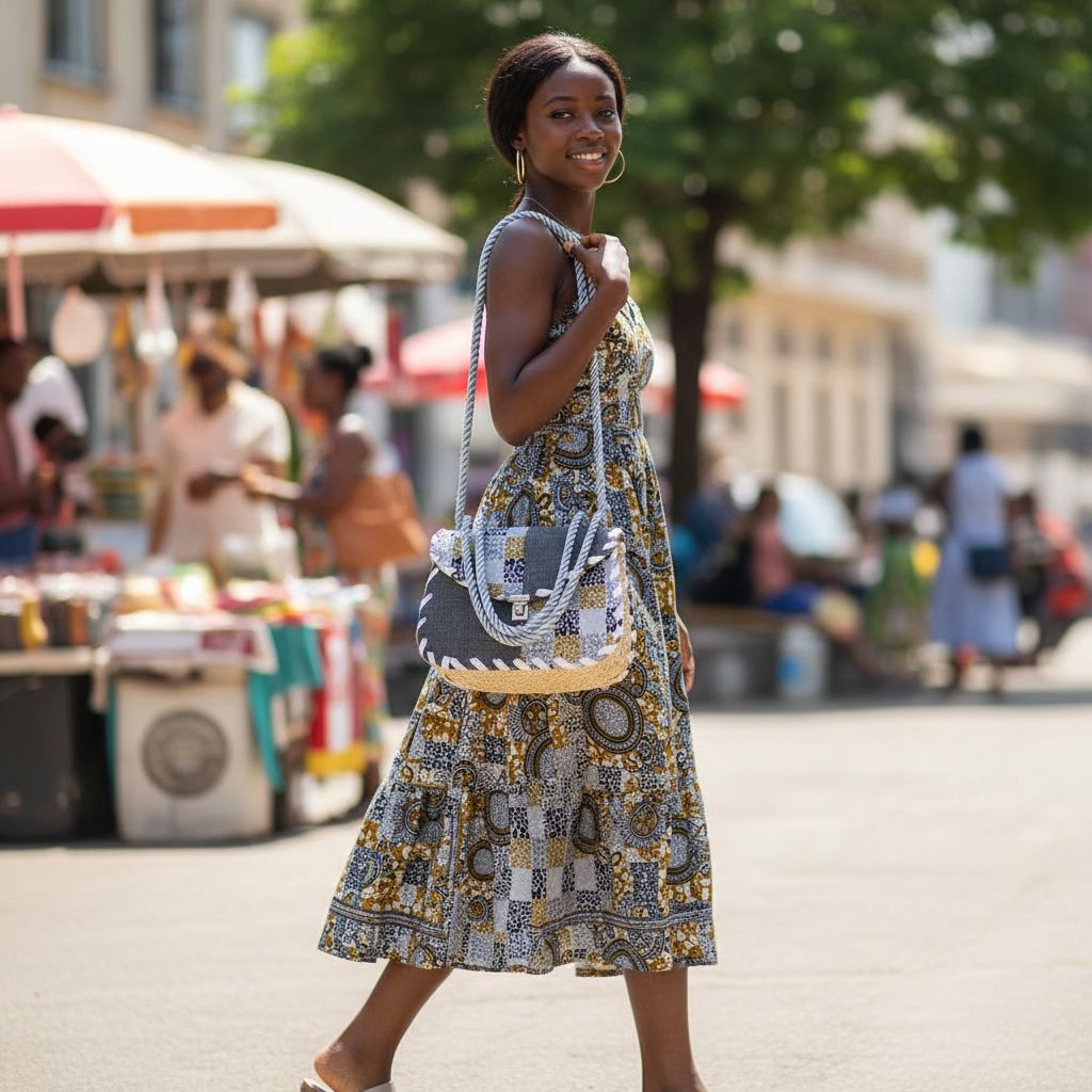 Sacoche en wax et raphia grise