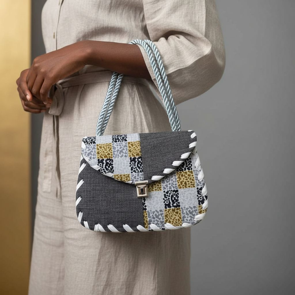 Sacoche en wax et raphia grise