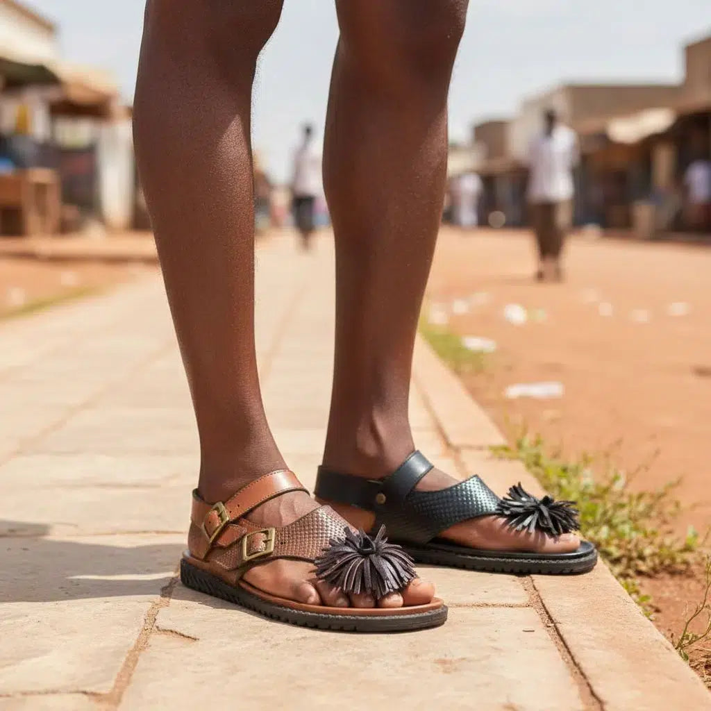 Sandale cuir homme marron et noir artisanale, confortable, double boucle