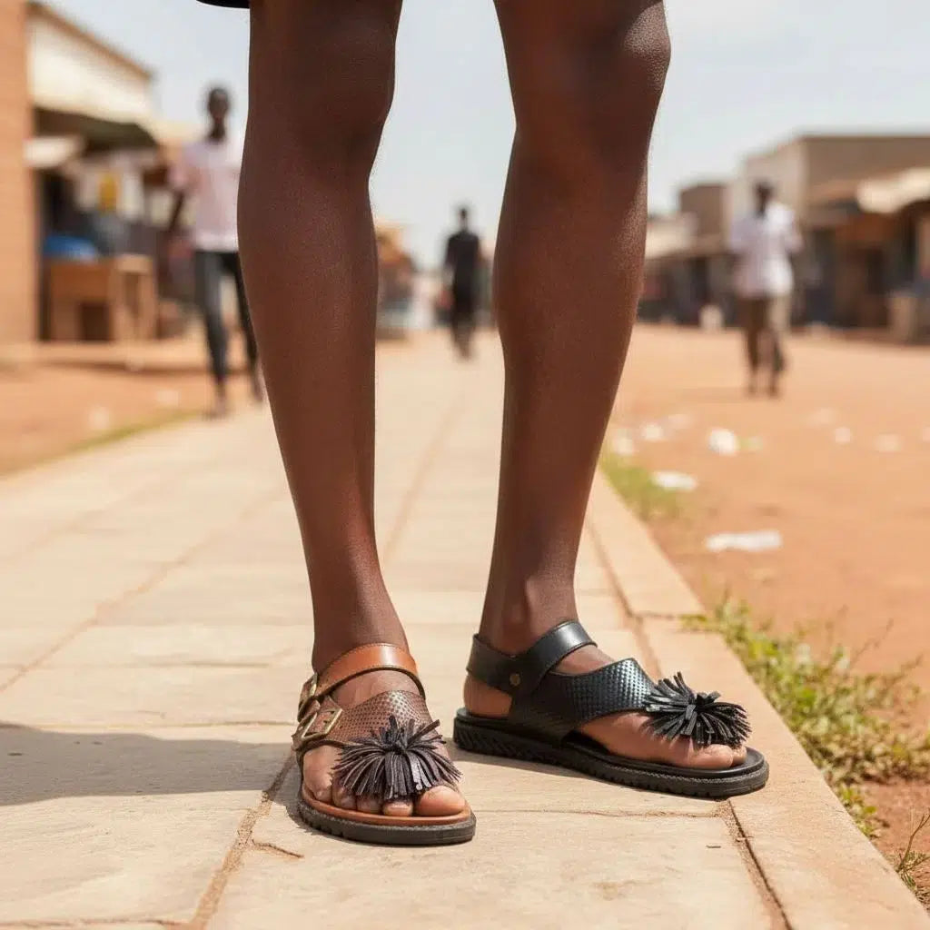 Sandale cuir homme marron et noir artisanale, confortable, double boucle