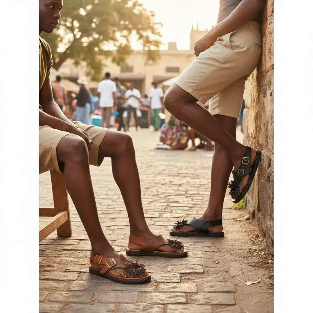 Sandale cuir homme marron et noir artisanale, confortable, double boucle