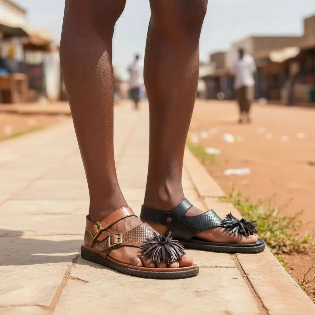 Sandale cuir homme marron et noir artisanale, confortable, double boucle
