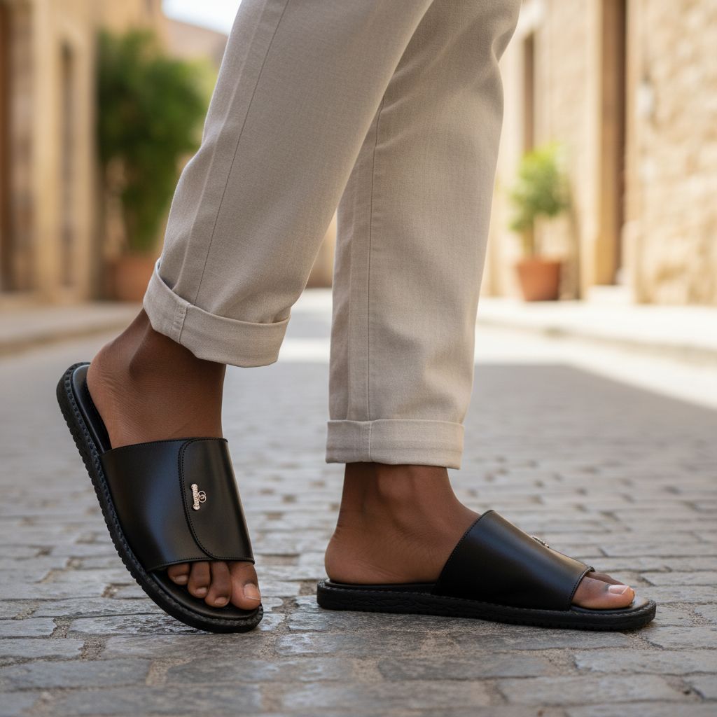 Sandale cuir homme noire élégante et confortable, semelle antidérapante