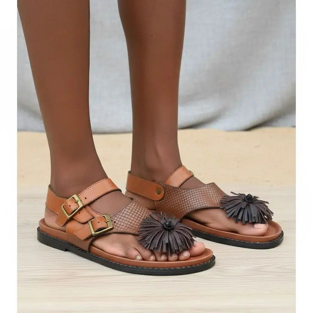 Sandale cuir homme marron et noir artisanale, confortable, double boucle